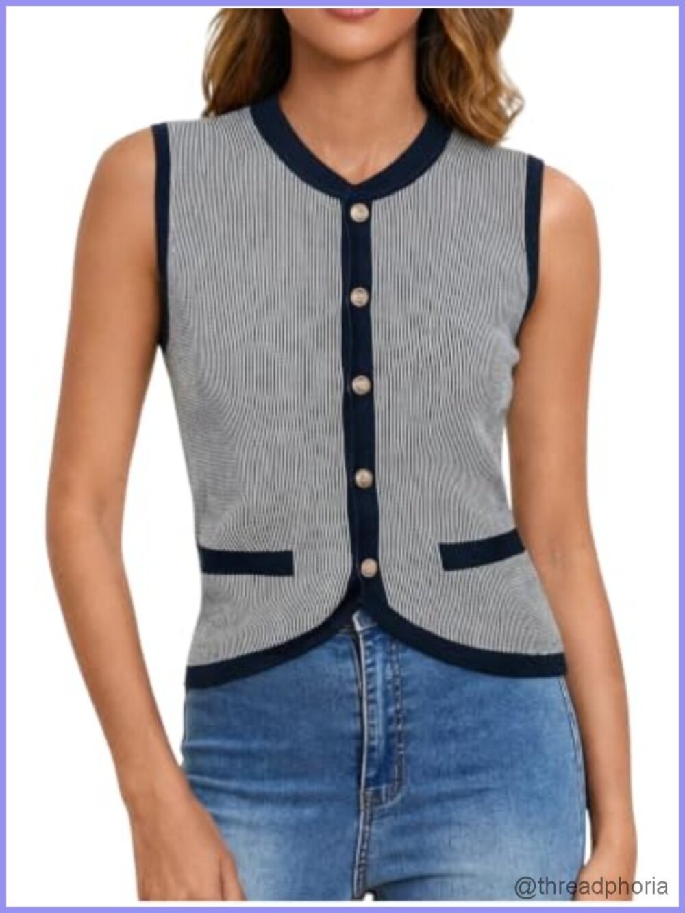 Contrast Trim Striped Dressy Sweater Vest Sleeveless Knit Button Up